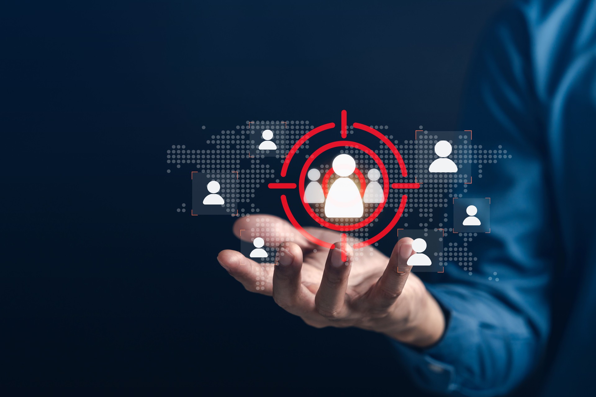 Customer relationship management CRM strategy concept with target audience and human over global network. Ideal for marketing, client engagement, and customer insight data.